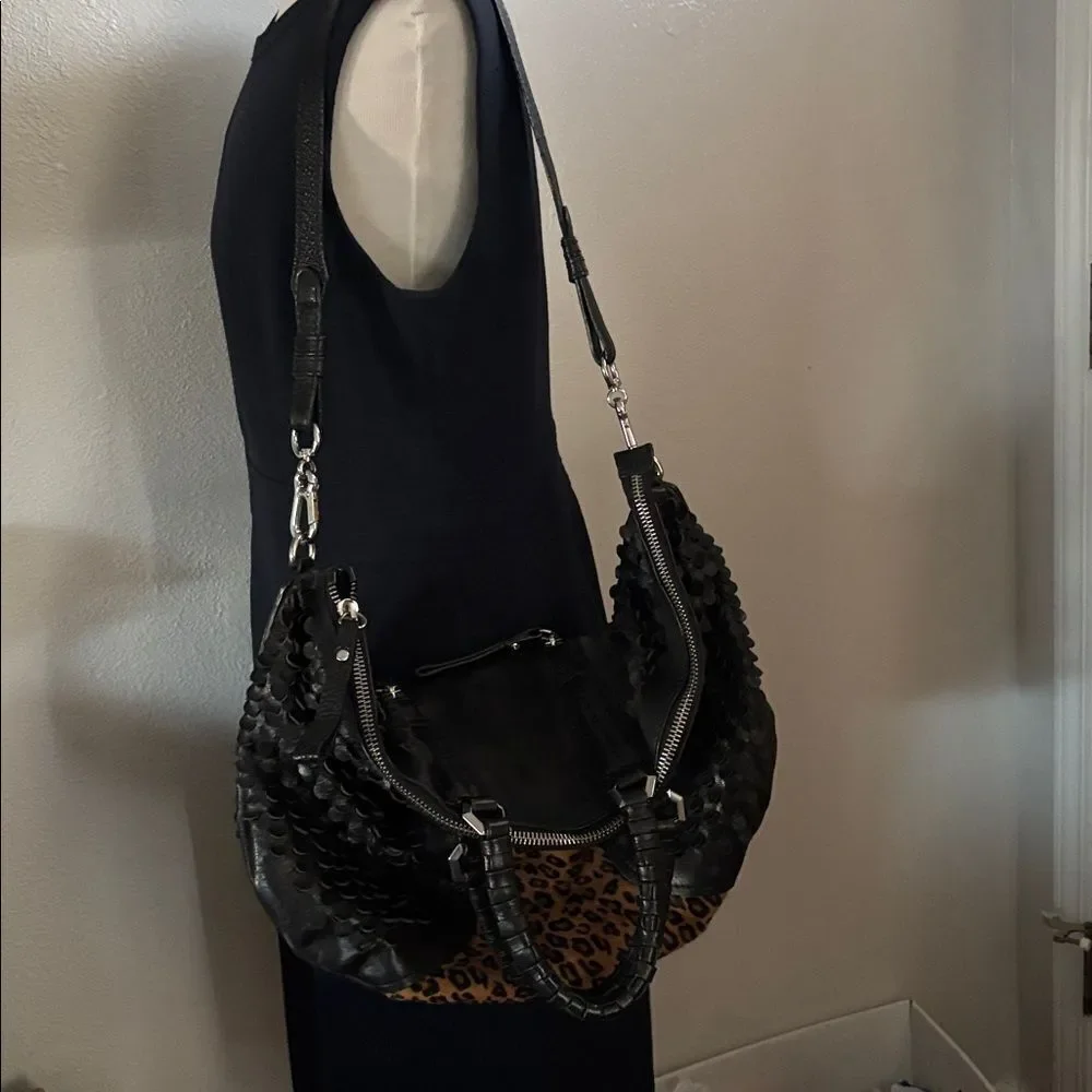 OrYANY Black Textured and Leopard Calf Hair Bag